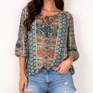 Boho Chic Floral Blouse - Orange and Blue